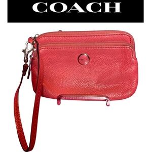 COACH Coral Poppy Leather Double Zip Wristlet, EUC